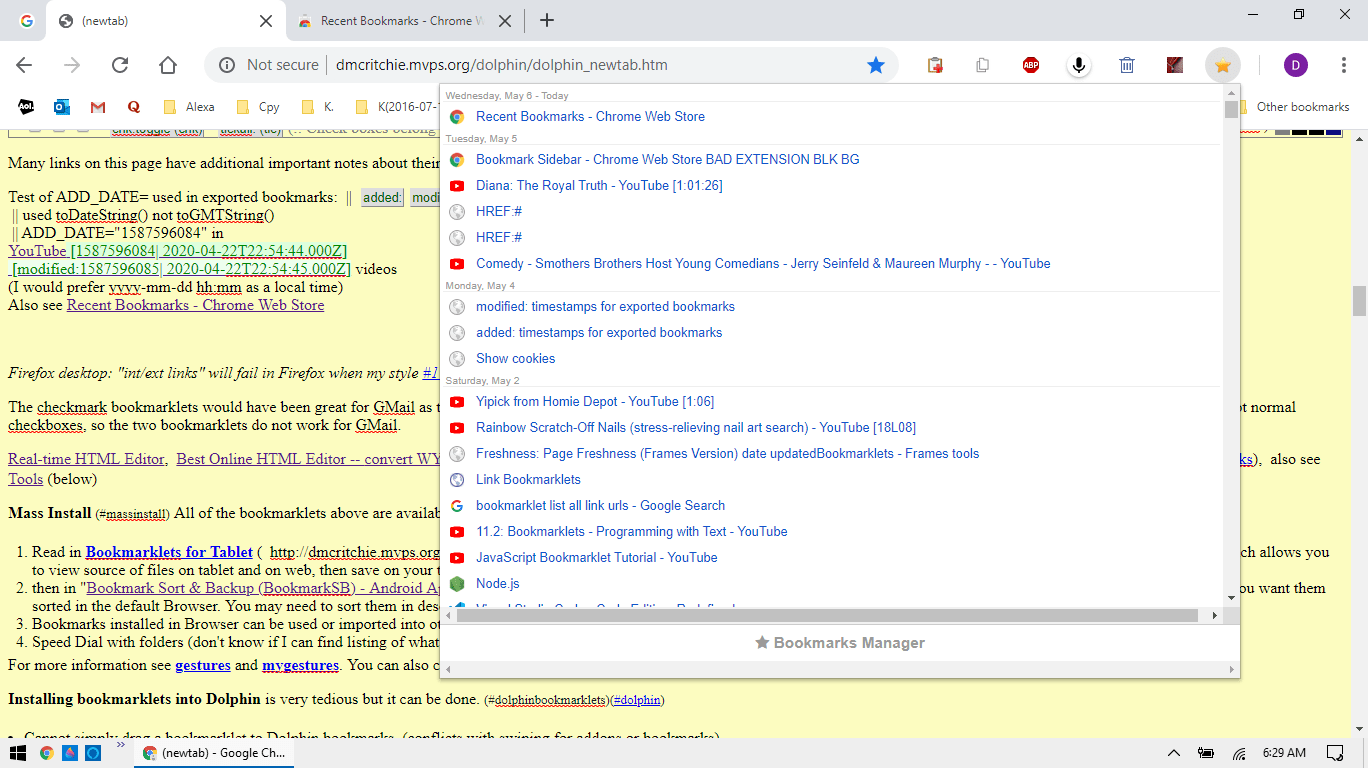 Bookmarklets, history, exported bookmarks, extensions for Chrome